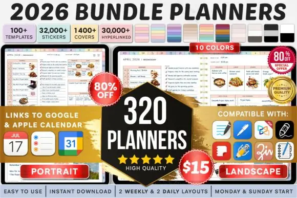 All-in-One Digital Planner for GoodNotes 2026 | Hyperlinked Landscape & Portrait PDF Planner Bundle with Stickers, Covers, Calendars, Trackers & Google Calendar Integration