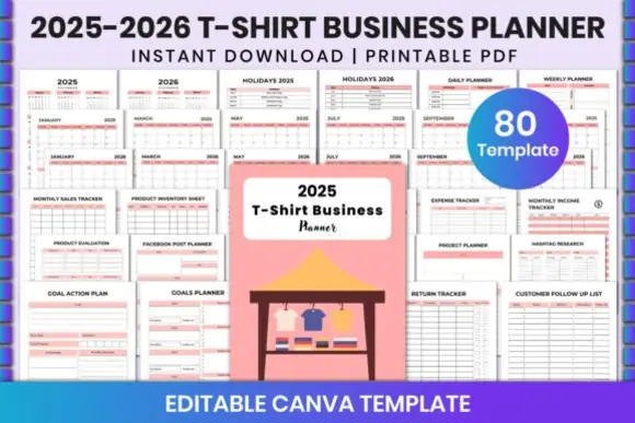 2025–2026 T-Shirt Business Planner Canva Template, Editable Small Business Organizer, Inventory Sales and Profit Tracker, Social Media Planner, KDP Printable Business Binder