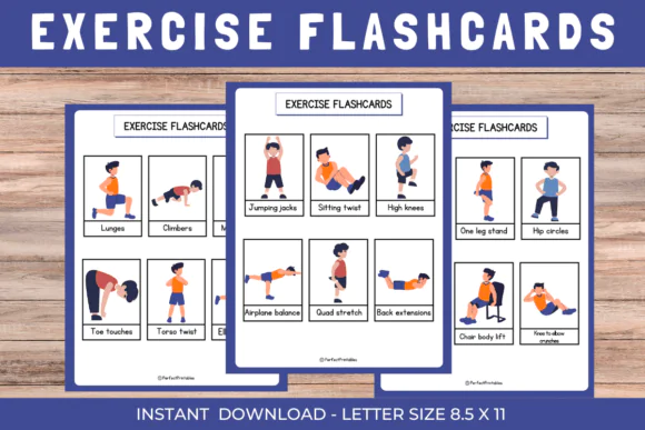 Exercise Flashcards Printable | 60 Fitness and Physical Education Cards for Kids, Adults, ESL, Speech Therapy, Special Education, Classroom & Home Learning
