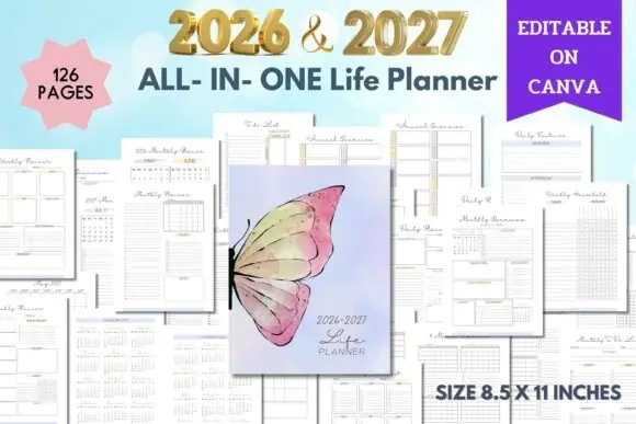 2026 2027 All-in-One Life Planner Canva Template, Editable Printable Planner Bundle, Daily Weekly Monthly Budget Habit Tracker, US Letter Life Organizer Pages