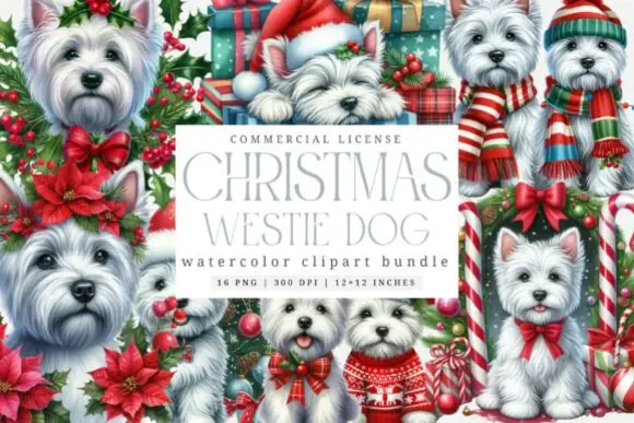 Christmas Westie PNG Graphics Bundle – Cute West Highland Terrier Holiday Clipart Set with Solid and Distressed Designs for Stickers, T-Shirts, Cards, Scrapbooking, Wall Art, and Festive DIY Projects