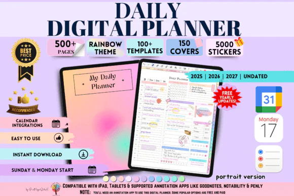 Daily Digital Planner Portrait 2025 2026 2027 Undated | Hyperlinked PDF Planner with Yearly Quarterly Monthly Weekly Daily Pages for GoodNotes, Notability, Penly & Xodo
