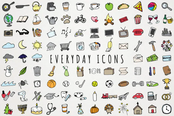 Everyday Items & Chores Icons Clipart | 102 Hand-Drawn Vector & Transparent PNG Icons .