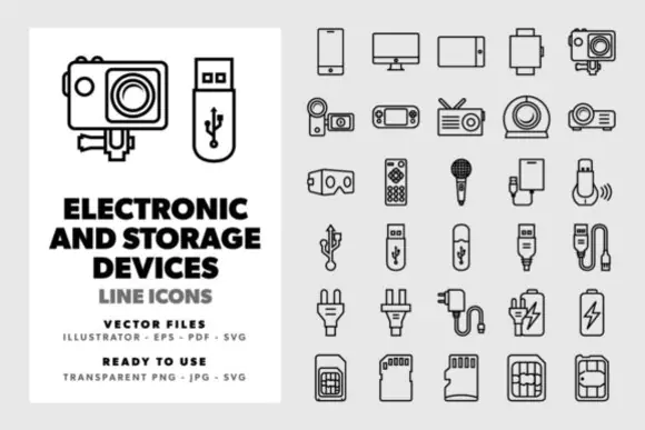 Electronic and Storage Devices Line Icons Vector Pack – Editable Technology Hardware and Data Storage Icon Set for Websites, Mobile Apps, Presentations, UI Design and Print Projects