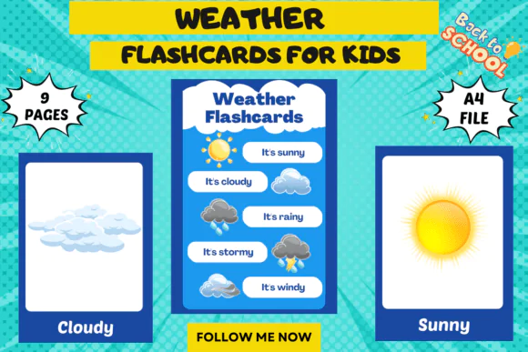 Weather Flashcards for Kids | Printable Weather Vocabulary Cards for Preschool, Kindergarten, Homeschool, Classroom Learning & Early Language Activities