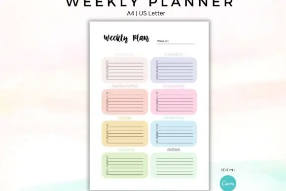 Colorful Weekly Planner Printable, A4 & US Letter Weekly Schedule Template, Task Checklist Planner, Student Study Planner, Work Schedule Organizer, Minimal Weekly Goal Tracker Printable