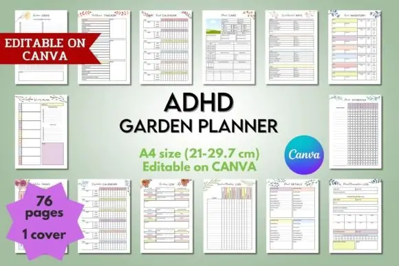 ADHD Garden Planner Canva Template, Editable Gardening Journal, Plant Tracker, Harvest Log, Seed Inventory, Watering Schedule, Printable Garden Organizer