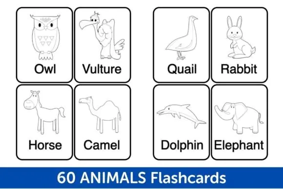 60 Printable Animals Flashcards | Black and White Animal Learning Cards for Toddlers, Preschool, Homeschool, Classroom Vocabulary Activities & Coloring Fun