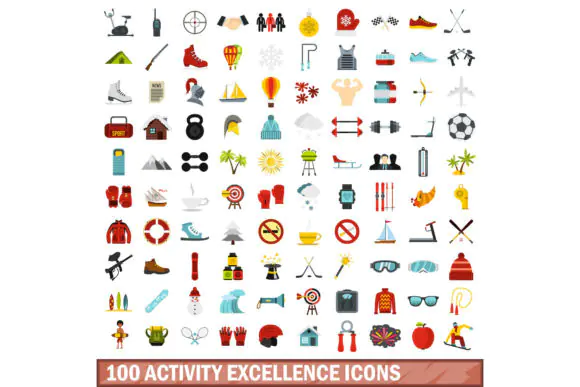 100 Activity Excellence Icons Set Flat Style – Achievement, Performance and Success Vector Icon Pack for Websites, Mobile Apps, Print Design, Presentations and Creative Projects