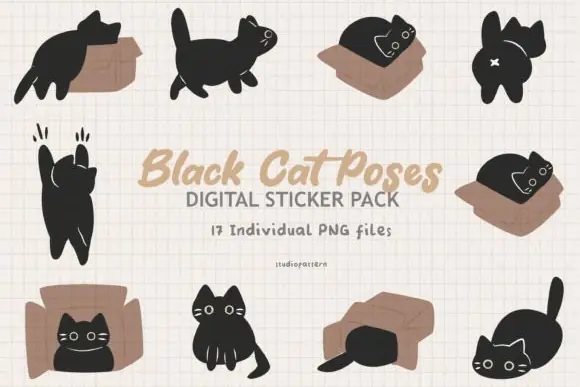 Black Cat Poses Digital Stickers Pack – Cute Cartoon Cat PNG Sticker Bundle with Hand Drawn Doodle Art for Valentine, Christmas, POD Designs, Kids Activities, Scrapbooking, Journals, and Creative DIY