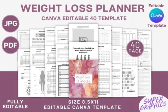 Weight Loss Planner Bundle Canva Template, Editable Fitness and Meal Planner, Weight Tracker, Workout Log, Food Diary, Printable Wellness Journal, KDP Ready