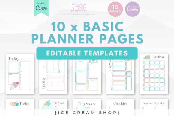 Canva Planner Templates 10 Pages Ice Cream Shop | Editable Daily Weekly Monthly Meal Planner Checklist and Task Printable Bundle