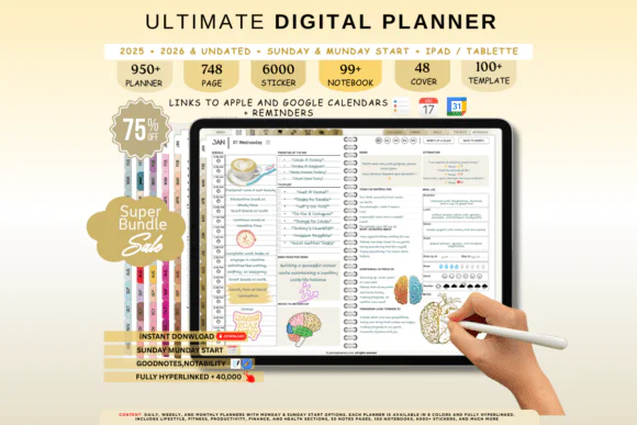 All in One Digital Planner for Busy Life 2025 2026 2027 & Undated for GoodNotes, Notability, Samsung Notes & Xodo | Hyperlinked Life Planner with Apple & Google Calendar Sync, 6000+ Layouts, Stickers