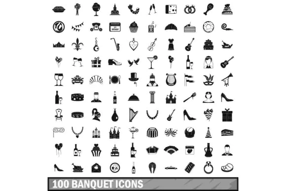 100 Banquet Icons Set Simple Style – Catering, Dining and Event Service Vector Icon Pack for Websites, Mobile Apps, Print Design, Presentations and Hospitality Projects