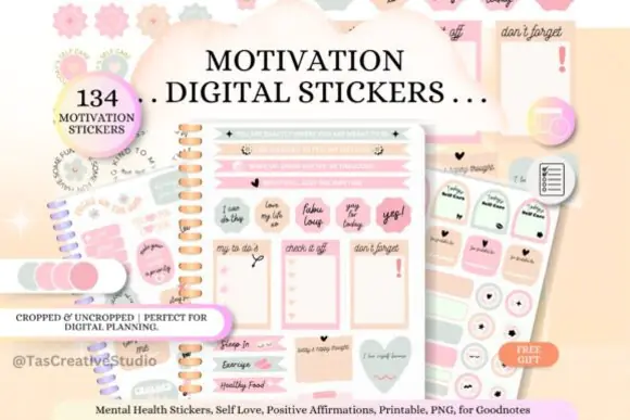 Pink Mental Health Digital Stickers Set – 134 Motivational Pink and Grey Planner Stickers with A5 PDF and PNG Sheets, Bonus Sticker Book, and Printable Affirmation Cards for GoodNotes, Notability, Not