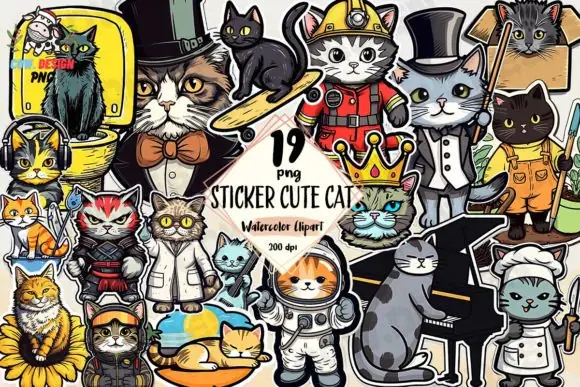 Sticker Cute Cat Clipart PNG Graphics Bundle – Adorable Cat-Themed High-Resolution PNG Design Set for Stickers, Mugs, T-Shirts, Greeting Cards, Invitations, Posters, Scrapbooking, and Printable Decora