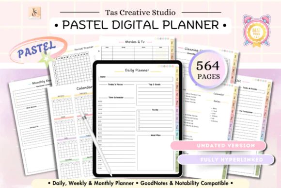 Pastel Digital Planner 564 Pages for GoodNotes, Notability & XODO | Undated Hyperlinked Vertical PDF Planner with Health, Fitness, Lifestyle, Finance & Productivity Pages
