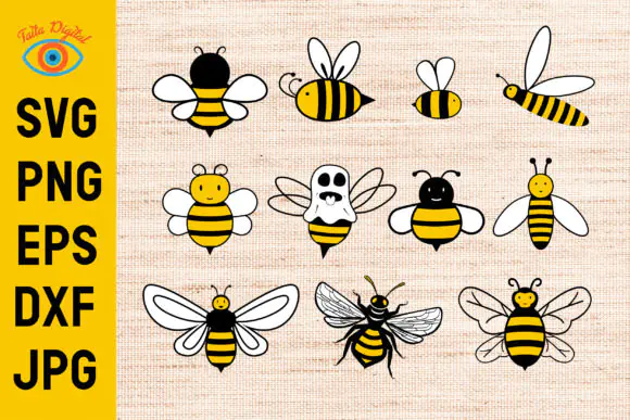Honey Bee Bundle Graphics – 11 Bee-Themed SVG PNG DXF JPG EPS Design Files for T-Shirts, Mugs, Signs, Stickers, Cricut Crafts, Sublimation, and Nature-Inspired DIY Projects