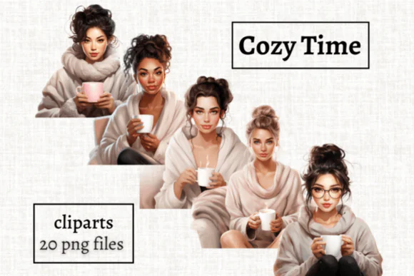 Cozy Time Autumn Girl Graphics Bundle – 20 Sweater Weather PNG Clipart Illustrations of Relaxing Women with Hot Drinks for Fall Invitations, Stationery, Scrapbooking, Self-Care Designs, and Seasonal D
