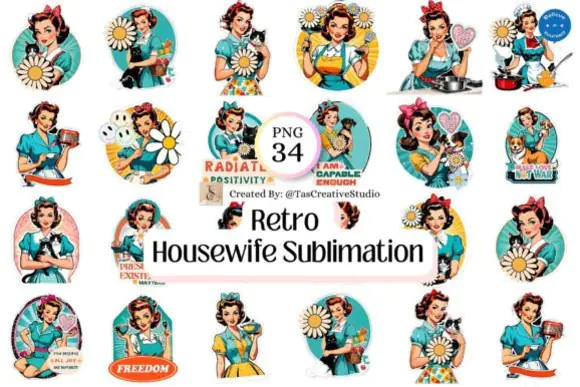 Retro Housewife Digital Stickers Bundle – 34 Vintage-Inspired Transparent PNG Graphics for Shirts, Mugs, Hats, Bags, Print-on-Demand, Journals, Scrapbooking, and Retro-Themed DIY Creative Projects