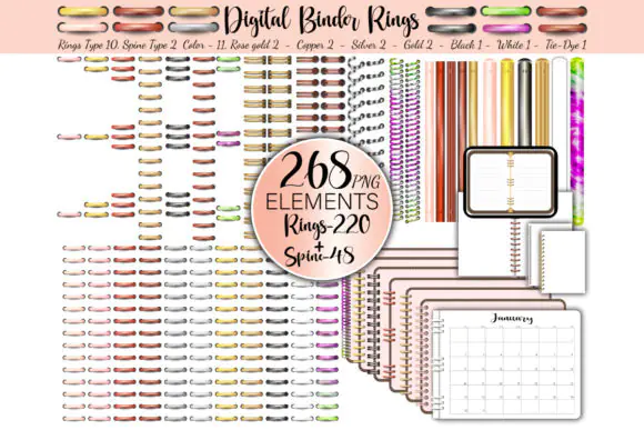 Digital Planner Binder Rings PNG Bundle | 268 Transparent Binder Ring Elements with Spine Pieces in Rose Gold, Copper, Silver, Gold, Black, White & Tie-Dye