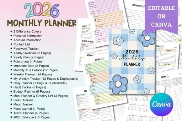 2026 Monthly Planner Canva Template, Editable Printable Planner, Weekly Daily Monthly Organizer, Habit Tracker, Budget Planner, Meal Planner, KDP Interior