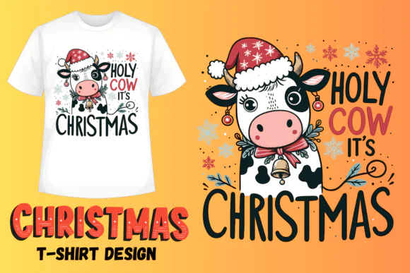 Holy Cow It’s Christmas T-Shirt Design SVG PNG EPS | Funny Holiday Cow Graphic for Print on Demand, Sublimation, Stickers, Wall Art & Festive Apparel