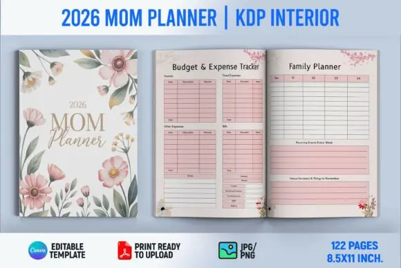 2026 Mom Planner Canva Template KDP Interior, Printable Mom Life Planner, Family Organizer, Monthly Weekly Schedule Planner, Appointment Log, Budget & Expense Tracker, Watercolor Floral PDF Planner
