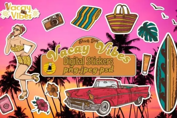 Vacay Vibes Beach Day Digital Stickers Bundle – Retro Beach Vacation PNG, JPEG, and PSD Sticker Set for Scrapbooking, Planner Stickers, Invitations, Greeting Cards, Flyers, Tags, Labels, T-Shirts, Jou