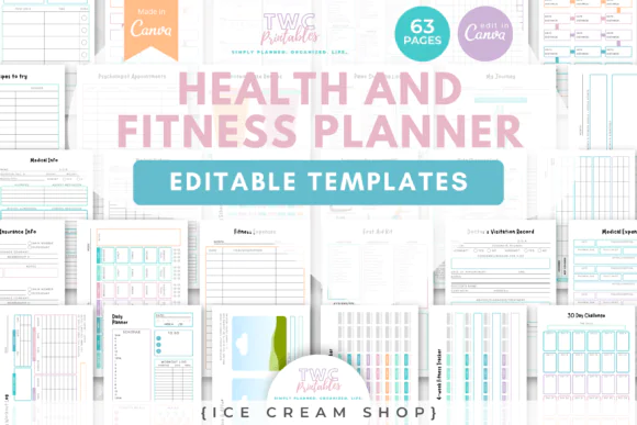 Health and Fitness Planner Canva Templates, Editable Wellness Planner Bundle, Weight Loss Tracker, Workout Log, Meal Planner, Medical Tracker, Printable Health Journal
