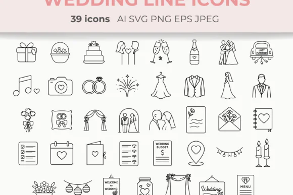Wedding Line Icons Romantic Vector SVG Pack – Minimalist Bridal and Wedding Symbol Collection for Invitations, Planners, Journals, Stationery, Etsy Products and Digital Design Kits
