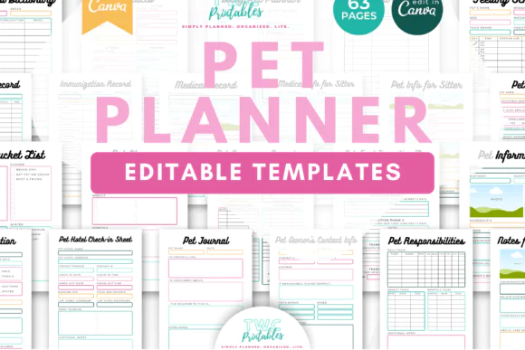 Pet Planner Canva Templates Bright Bundle | Editable Pet Care Organizer, Puppy Training Planner, Medical Record, Wellness Tracker & Pet Sitter Printable Kit