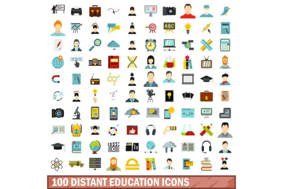 100 Distant Education Icons Set Flat Style – Online Learning, Remote Teaching and E-Learning Vector Icon Pack for Websites, Mobile Apps, Presentations, Print Design and Educational Projects