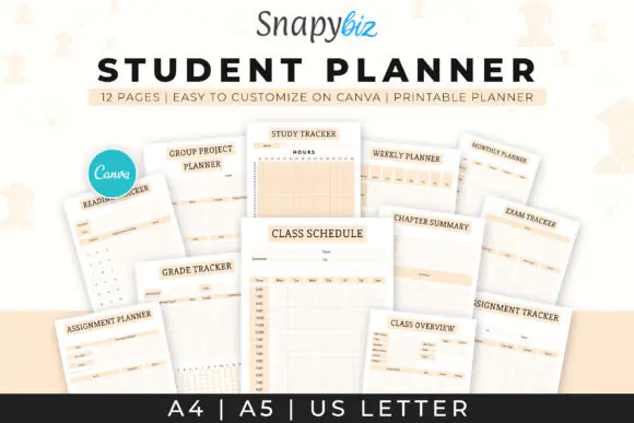 Student Planner Printable Bundle, Editable Canva Study Planner, Exam Tracker, Class Schedule, Weekly Monthly Planner, Academic Organizer for Students