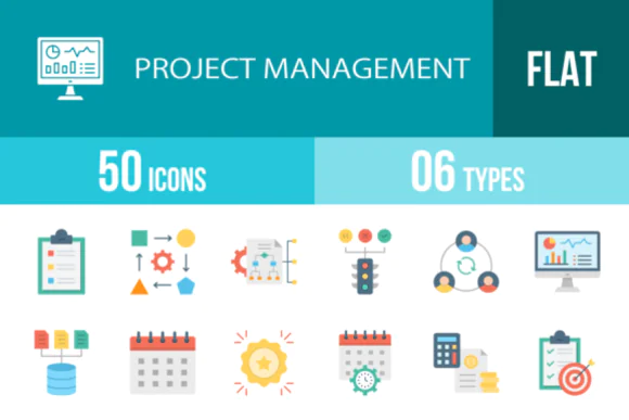 50 Project Management Flat Icons Vector Pack – Multicolor Business and Workflow Icon Set for Apps, Websites, Presentations, Dashboards, Agile Teams and Productivity Design