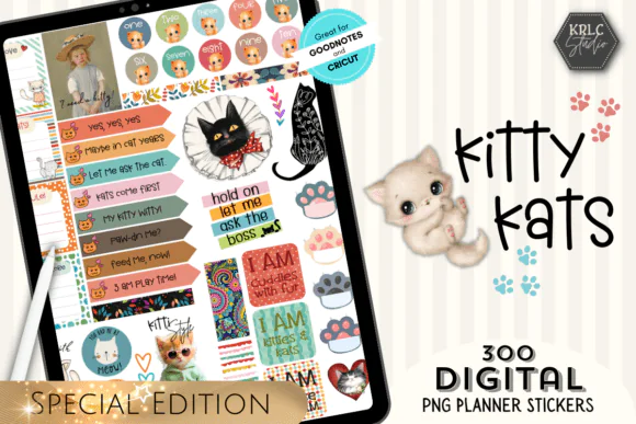 Kitty Cats Digital Planner Stickers PNG Bundle | 300 Transparent Cat Stickers for GoodNotes, Digital Journals, Diaries & Cricut Print and Cut