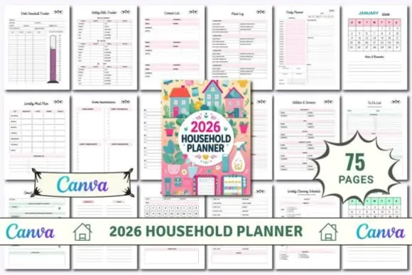 2026 Household Planner KDP Canva Template | Editable Family Home Management, Cleaning, Budget, Meal, Fitness & Printable Organizer Bundle