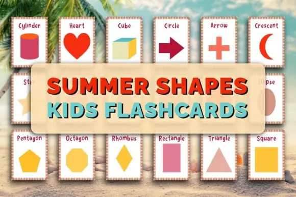Summer Shapes Kids Flashcards | Printable Shape Learning Cards for Preschool, Kindergarten, Homeschool, Classroom Math Activities & Summer-Themed Early Geometry Practice