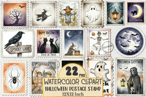 Vintage Halloween Postage Stamp Clipart Bundle – 22 Spooky Retro PNG Stamp Graphics with Transparent Backgrounds for Cards, Frame Art, Tote Bags, T-Shirts, Scrapbooking, Pillows, Mugs, Stickers, and H