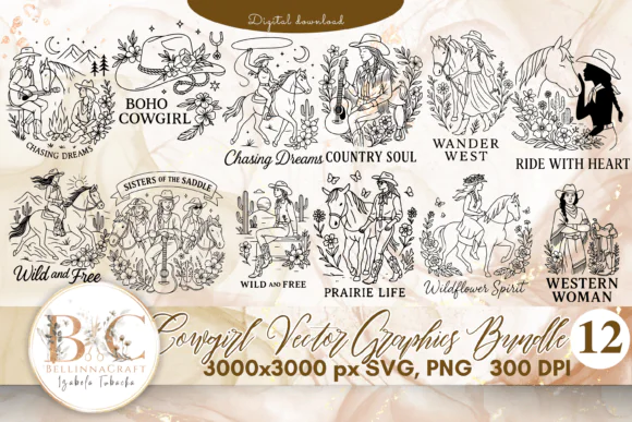 12 Cowgirl Vector Graphics Bundle SVG – Western Girl Clipart Set with Horses, Cowboy Hats, Boots, Guitars, Cacti, Flowers, Boho Rodeo Designs, Wild West PNG Files for Cricut, Sublimation, and DIY Craf