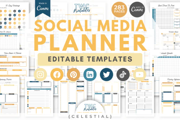 Social Media Planner Canva Template Bundle, Editable Content Planner, Instagram Planner, YouTube Planner, TikTok Planner, Printable Business Organizer