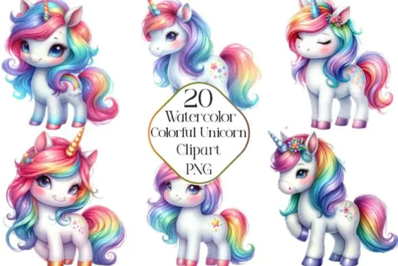 Watercolor Cute Colorful Unicorn Clipart Bundle – 20 Magical Unicorn PNG Graphics with Transparent Backgrounds for Sublimation, Cards, Scrapbooking, T-Shirts, Pillows, Bags, Mugs, Stickers, and Whimsi