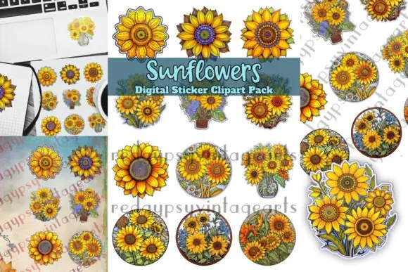 Sunflowers Digital Stickers Clipart Pack for Printables, Scrapbooking, Junk Journals, Cricut Projects, POD Designs, Wall Art, and Floral Craft Creations