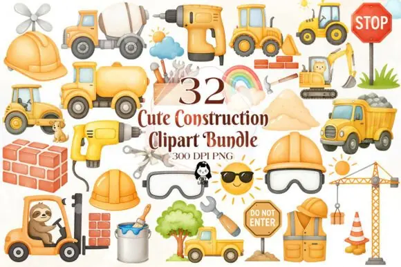 Cute Construction Watercolor Clipart Bundle – 32 Construction-Themed PNG Graphics for Shirts, Hats, Cups, Stickers, Sublimation Printing, Kids Crafts, and Builder-Inspired DIY Projects