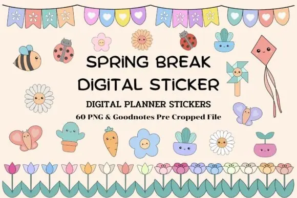 61 Cute Spring Digital Stickers Bundle – March Floral, Easter, Garden, and Animal PNG Planner Stickers with Pre-Cropped GoodNotes File for Digital Planners, Calendars, Bullet Journals, and Colorful Sp