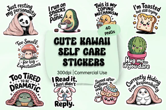 Kawaii Self Care PNG Digital Stickers Bundle – 40 Cute Pastel Animal and Self-Care Quote Transparent PNG Designs for Planners, Journals, Scrapbooking, Print-and-Cut, Mugs, Notebooks, and Cozy Wellness