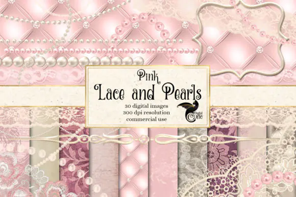 Pink Lace and Pearls Graphics Digital Scrapbooking Kit – Vintage Ivory and Blush Lace Backgrounds, Pearl Frames, Overlays and Divider Elements for Invitations, Cards, Journals and Feminine Craft Proje