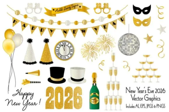 New Year’s Eve 2026 Vector Graphics Bundle – Gold & Silver Glitter Party Clipart Set with Balloons, Fireworks, Champagne, Disco Ball, Countdown Clock, Hats, Masks, and Celebration Elements