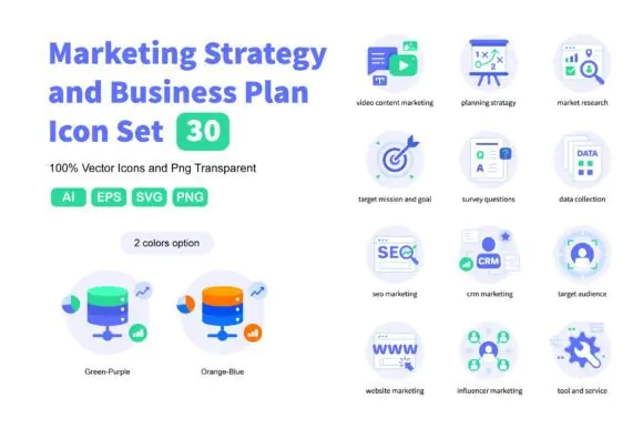 Marketing Strategy and Business Icons Vector Pack – Simple Modern Business Plan, Branding and Growth Icon Set for Websites, Apps, Presentations, Infographics and Digital Design Projects