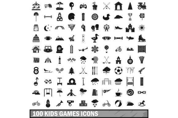 100 Kids Games Icons Set Simple Style – Children’s Play, Toy and Activity Vector Icon Pack for Websites, Mobile Apps, Print Design, Presentations and Creative Projects